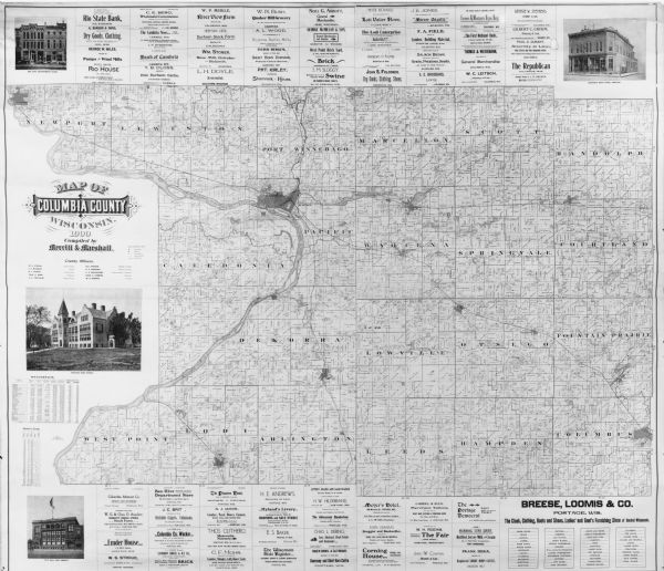 This map shows landownership, churches, schools, farm houses, wagon roads, railroads, and townships and includes businesses advertisements, tables of statistics, table of presidential electors, and illustrations of the following buildings: Bee Hive Department Store, Graham's Drug Store, Portage High School, City Hall and armory.