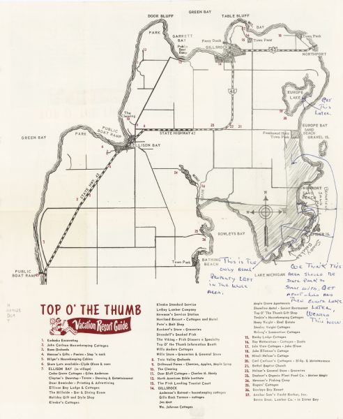 This map shows public boat ramps, parks, highways, beaches, bluffs, Green Bay, Garrett Bay, Europe Bay and Lake, Rowley's Bay and Ellison Bay. The map includes a resort guide in the lower margin. There are handwritten annotations in blue ink and pencil. The back of the map features text and pictures of reaction activities.