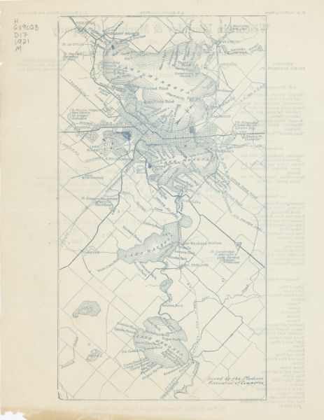 This map, oriented with north to the upper right, shows roads, railroads, and points of interest. Lake Mendota, Wingra, Monona, Waubesa, Mud, Hook, Island, and Kegonsa are labeled as well as the Yahara River. The back of the map features letterhead for Wisconsin Foundry & Machine Company.