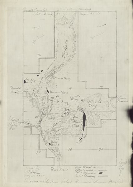 This map shows soft marshland, water channels, solid ground, club boundary and shooting boxes. Big Lake, First Channel, Second Channel, Fout Mile Pond, Malzen's Bay, West Bay, Miescke's Bay, Burnett Creek, Kaw Kaw Island, Steamboat Island, Four Mile Island, Willow Islands, and Stony Island are all labeled as well as hunting shanties. The bottom margin includes a key.