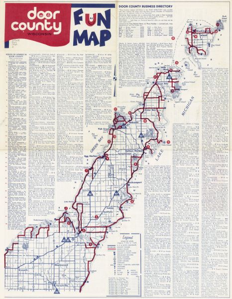 This map shows roads, parks, swimming beaches, golf courses, yacht harbors, light houses, airports, public hunting grounds, waysides, schools, and fishing spots. The map includes a Door County business directory and indexed list of points of interest.
