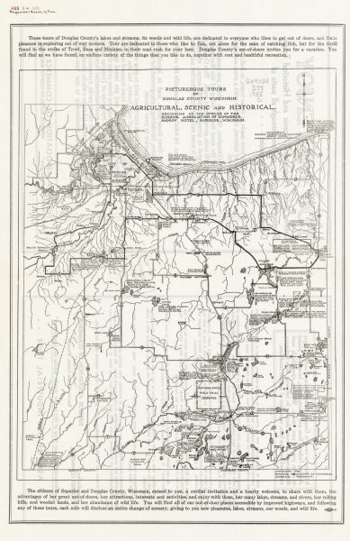 This map shows rivers, lakes, communities, woods, fishing locations, and vacation destinations. The back of the map includes text about agricultural, scenic, and historical tours.