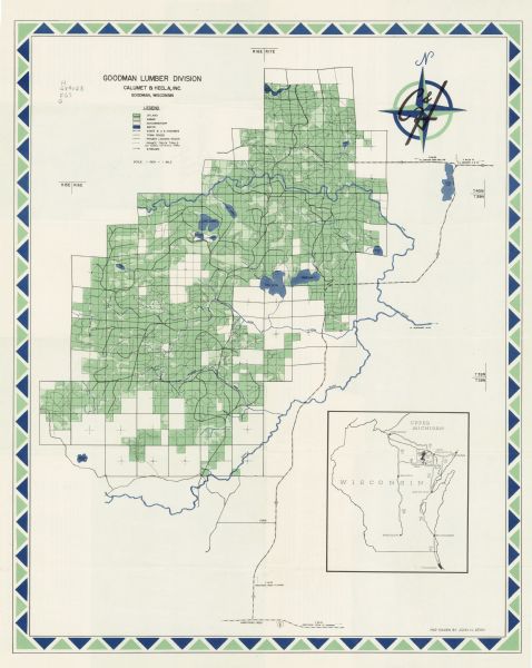 This map shows uplands and swamps owned by the Goodman Lumber Division, water, and roads. The lower right corner includes a location map. The upper left corner includes a legend. The back of the map includes illustrations and text.