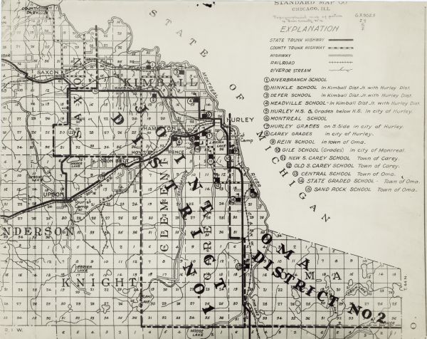 This map shows schools, school districts, town sections, highways, railroads, and hydrography of the area around Hurley. The right margin includes and explanation key as well as an index of schools.
