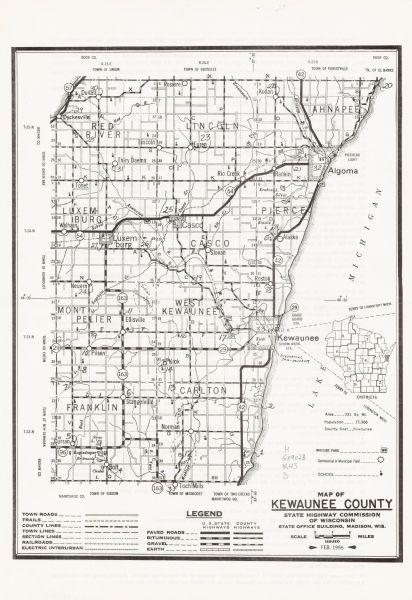 This map shows roads, trails, county lines, town borders, section lines, railroads, rivers, lakes, and Lake Michigan on the far right. The bottom margin includes a legend. The lower right margin includes a location map. The back of the map includes 33 indexed notes relating to local history and origins of toponyms.
