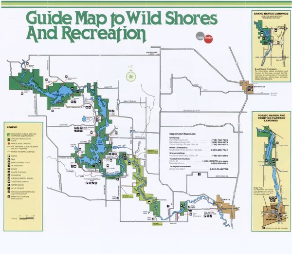 This map shows Wisconsin Public Service Corporation property, special regulation areas, public boat landings, roads, parks, and other recreation areas. Inset maps in the right margin show Grand Rapids landings, and Potato Rapids and Peshtigo Flowage landings. The right margin also includes phone numbers. The left margin includes a legend. The back of the map includes text, and color illustrations.