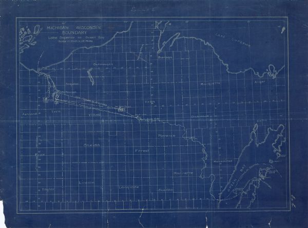This blue line print map shows land claimed by the state and land claimed by Michigan, including disputed areas between the Branch River and Brule Lake and four islands in Green Bay.