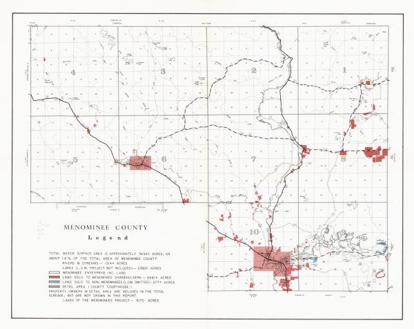This map shows land owned by Menominee Enterprise Inc., land sold to Menominee shareholders, and land sold to non-Menominees. The map also includes water and land acreage.