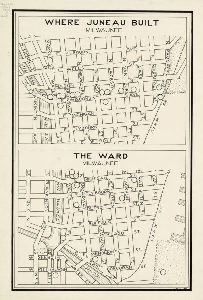 This map is pen and ink on paper and is map 3 in a series of 12. The map shows streets, the Milwaukee River, and railroad tracks.