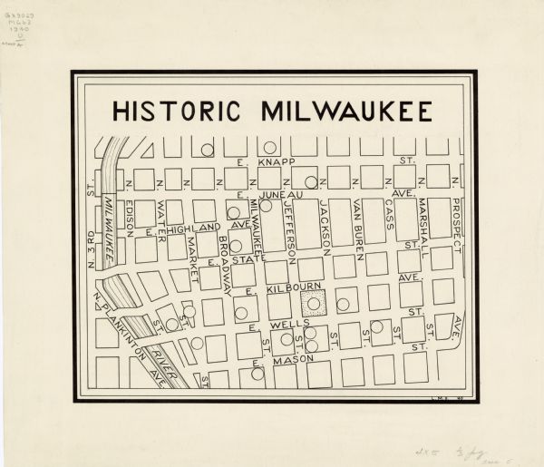 This map is pen and ink on paper and is map 3 in a series of 12. The map shows streets, and the Milwaukee River.