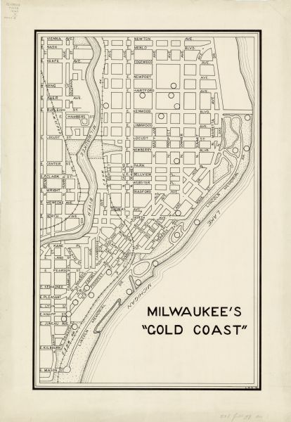 This map is pen and ink on paper and is map 5 in a series of 12. The map shows streets, the Milwaukee River, Lake Michigan, and railroad tracks.