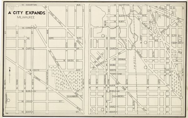 This map is pen and ink on paper and is map 7 in a series of 12. The map shows streets and a railroad line.