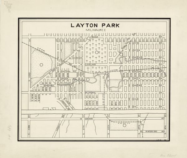 This map is pen and ink on paper and is map 10 in a series of 12. The map shows streets and railroad lines.