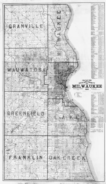 This map shows landownership, railroads, roads, churches, schools, cemeteries, post offices, townships, city wards, Lake Michigan, and rivers. The map includes reference tables in the right margin.