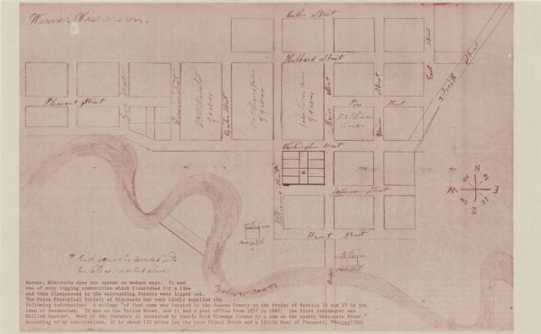 This map shows streets, business and parks. The Yellow River is labeled. The Plat shows saw mills and land owned by D.R.W. Williams, Wm. Williams, and John Werner. The original caption reads, "Werner, Wisconsin does nt appear on modern maps. It was one of many logging communities which flourished for a time and then disappeared as the surrounding forest were logged out. The State Historical Society of Wisconsin has very kindly supplied the following information: A village "of that name was located in the Juneau County on the border of Section 26 and 27 in the town of Germantown. It was on the Yellow River, and it had a post office from 1857-1887; the first postmaster was William Warren. Most of the town site is inundated by Castle Rock Flowage formed by a dam on the nearby Wisconsin River." According to my calculations, it is about 110 miles (as the crow flies) North and a little West of Freeport."