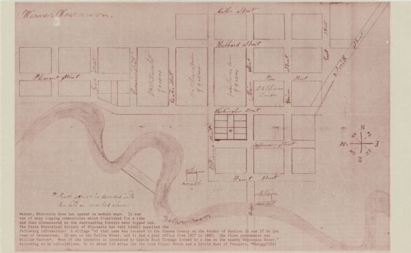 This map shows streets, businesses and parks. The Yellow River is labeled. The Plat shows saw mills and land owned by D.R.W. Williams, Wm. Williams, and John Werner. The original caption reads, "Werner, Wisconsin does nt appear on modern maps. It was one of many logging communities which flourished for a time and then disappeared as the surrounding forest were logged out. The State Historical Society of Wisconsin has very kindly supplied the following information: A village "of that name was located in the Juneau County on the border of Section 26 and 27 in the town of Germantown. It was on the Yellow River, and it had a post office from 1857-1887; the first postmaster was William Warren. Most of the town site is inundated by Castle Rock Flowage formed by a dam on the nearby Wisconsin River." According to my calculations, it is about 110 miles (as the crow flies) North and a little West of Freeport."