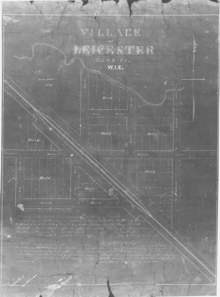 This map shows the blocks and streets that make up the village, and includes the Baraboo Air Line Railroad which cuts through the village at a diagonal from the lower right towards the upper left. Spring Creek marks the northern border on this map. The bottom of the map contains three blocks of hand written script, one of which is signed by L. Drake, the county surveyor of Dane County and dated December 1st, 2nd, and 3rd 1870. This block certifies that the map is correct, and establishes the location of the village within Wisconsin. The other block of script states the that undersigned owners of the shown plats of land verify that the map is correct, and has been "surveyed in accordance with our design and instructions." The third block of script is more difficult to read.