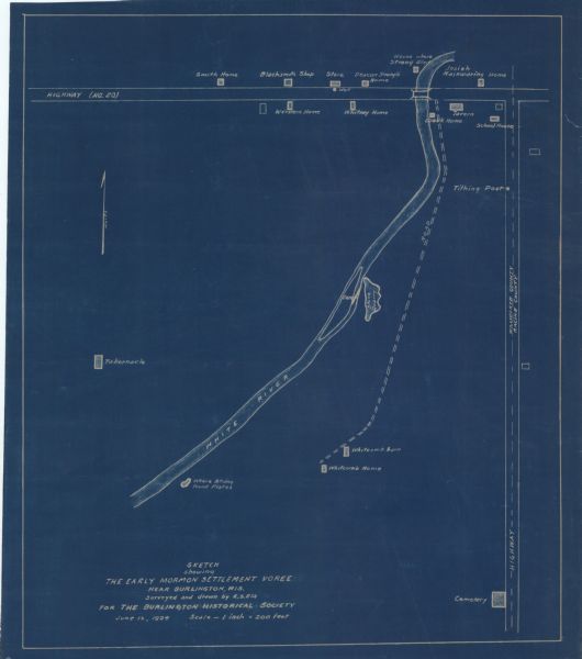 This manuscript blueprint shows buildings with the names of their owners, tabernacle, location "where Strang found plates" and "house where Strang died," a tithing post, tavern, school house, a stone quarry, and cemetery. The top and right side of the map are bordered by two intersecting highways; the top highway is labeled 'no.20,' the right highway not labeled, but a dashed line indicates that the left side is Walworth County while the right is Racine county. White River runs from the top right at a diagonal towards the bottom left. A dam is located on the river next to the stone quarry.