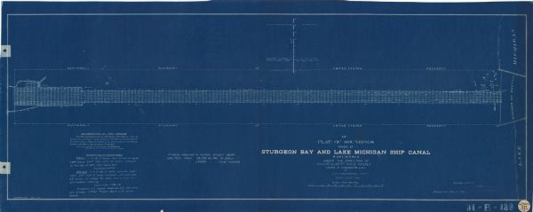 This blueprint mostly shows various numbers within the canal and bay. Lake Michigan and Harobor of Refuge are shown along the far right side. Near the harbor the map shows the location of a few buildings, such as the light house, and the light keeper's home. The map contains several blocks of text. The central block labels the map and the creator: "under the direction of Major Gilbert Van B. Wilkes. Corps of Engineers, U.S.A by A.P. Christophel, Supt. April 13 & 15, 1926." The other two notes are labeled "Determination of True Meridian," and "Description of Bench-Marks," and go into further detail about how various locations and elevations were determined. In the far bottom left corner a note reads "corrected July 1925."