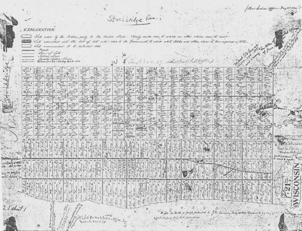 This map shows landownership circa 1848 in the old Stockbridge Indian reservation on Lake Winnebago in Calumet County. It is oriented with north to the left. The lots are each labeled with a name and owner. The top of the map also contains an index, showing three types of lots. The first are "lots ceded by the Indian party to the United States - Treaty Nov. 24, 1848, to which no other claims seem to exist," the second "Lots admitted into the list of lots sold 1848 to the Government, to which settlers and others claim to have acquired a title," and the third "Lots recommended to be patented 1848." There are numerous other handwritten notes surrounding the margins of the map.