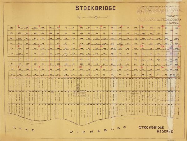 This map shows landownership in the old Stockbridge Indian reservation on Lake Winnebago in Calumet County. The lots are numbered and labeled by owner. A block of text in the upper right corner indicates the creator of the map and certifies that it is accurate. Lake Winnebago forms the bottom border. The map is oriented with north to the left.