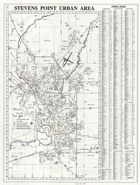 The front side of this map shows roads, highways, the Wisconsin River, Stevens Point Airport, and surrounding towns. A street index is included along the right side of the map. On the reverse side are three smaller location maps, one showing Stevens Point and surrounding towns, the other is a map of Portage County, and the third shows all the counties of Wisconsin with Portage County darkened.