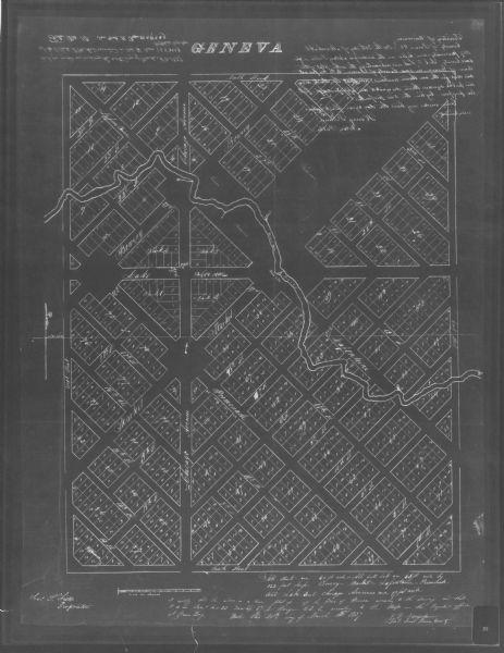 This map shows a paper city located in section 23, township 17 north, range 22 east; area now occupied by the community of Spring Valley in Manitowoc County. It is signed by the surveyor and dated "20th day of March A.D. 1837." The streets are labeled and the lots are numbered. The Mee-Mee River runs diagonally from the upper left to the bottom right.