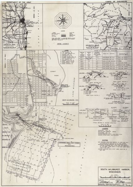 This map shows the land parcels, streets, and parks near the harbor. It includes a wind chart and 7 cross sections of borings/probings and docks. It also includes a local vicinity map of the area. Lake Michigan is on the right.
