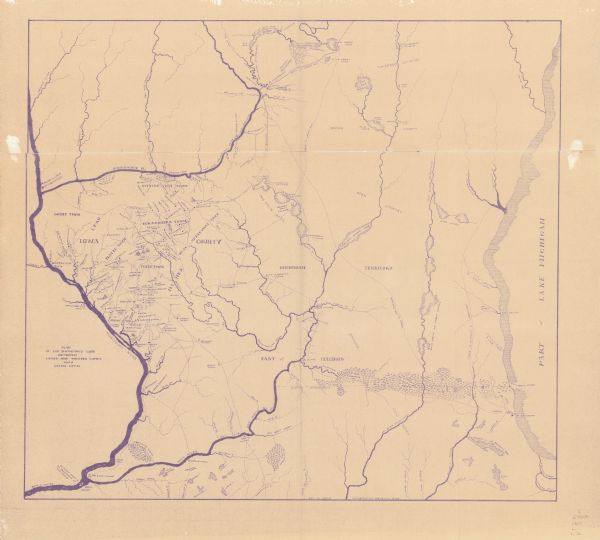 This map shows the boundary lines between ceded and unceded land in compliance with the Treaty of Prairie du Chen of 1829. It also shows roads, rivers, portages, Indian villages, taverns, ferries, digs, forts, and swamps. Lake Michigan is on the far right.