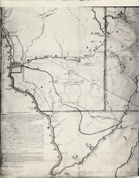 This map shows waterways, trails, settlements, Indian villages, and boundaries. The map includes text in the lower left with excerpts from Indian land treaties of 1804, 1816, and 1825. Lake Michigan is on the right, and the Mississippi River is on the left.