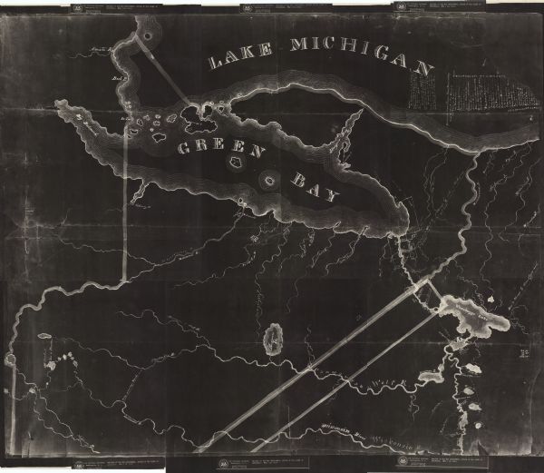 This map shows rivers, lakes, trails, Indian villages, distances, and boundaries of tracts ceded by the Munnomonee, Winnebaygoes, and New York Indians Tribes. Includes table labeled, "Distances from Green Bay (Poachweeket)."