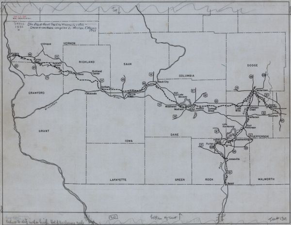 This map traces the route taken Chief Black Hawk from Vernon County, Wisconsin east to Waukesha County and south to Rock County, Wisconsin in 1832. Towns, waterways, modern highways, lakes and counties are labeled.