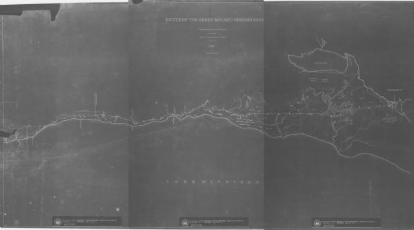 This map shows distances along the road, rivers, Indian trails between a shantytown south of Navarino (Green Bay)and Fort Howard. It also shows Lake Winnebago, Calumet village on its shore, part of the road from Green Bay to Prairie du Chien, and reservations of Brothertown and Stockbridge Indians. Lake Michigan is along the bottom of the map. 
