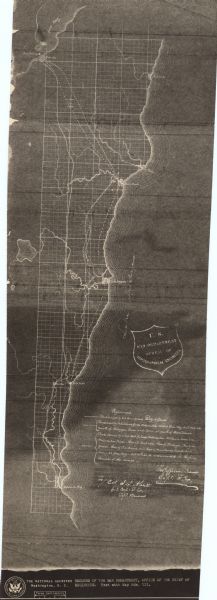 This map shows shows three routes; a route surveyed by Doty & Center, a route surveyed by inhabitants of East Milwaukee, and a route surveyed by inhabitants of West Milwaukee. Lake Michigan is labeled on the left. A stamp reads, "U.S. War Department. Bureau of Topographical Engineers."