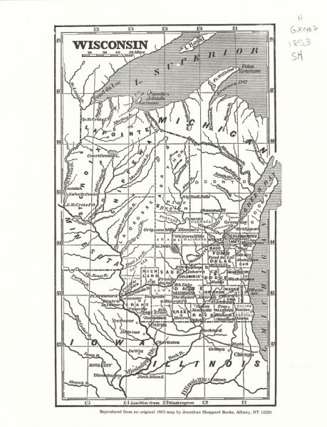 This facsimile map shows counties, towns, and waterways in the state of Wisconsin. Included are portions of Iowa, Michigan, and Minnesota. Lake Superior and Michigan are labeled.
