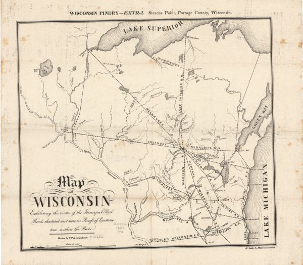 This map shows current and purposed railroad routes. Lake Michigan is on the far right, with Lake Superior visible at the top of the map. Routes are marked as dotted lines and are labeled.