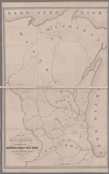 This map shows the railroad routes and connection of the Mineral Point Railroad. Lake Michigan is on the far right, while Lake Superior is at the top of the map. Included are portions of Illinois and Michigan. Towns, rivers, and lakes are labeled.