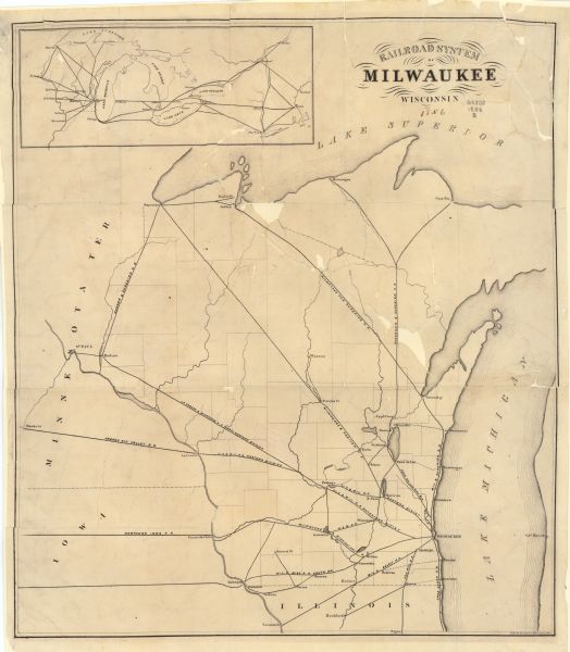 This map shows the railroad routes that lead to Milwaukee. Included are portions of Minnesota, Iowa and Illinois. Lake Michigan is on the right, while Lake Superior is at the top of the map. Towns, lakes, and rivers are labeled. Located in the top left corner of the map is an insert showing a regional rail map from Wisconsin eastwards to New York, Boston, Montreal, and Quebec City.