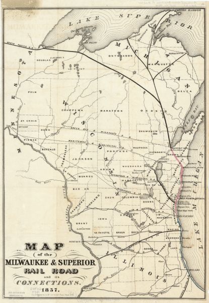 This map shows county boundaries, larger cities, lakes, rivers, and the railroad network. The main line is in red, and the Milwaukee and Chicago Railroad is in blue. Included are portions of Illinois, Michigan, and  Minnesota. Lake Michigan is on the right, and Lake Superior isat the top.