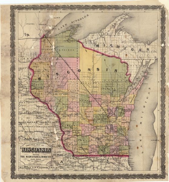 This map shows drainage, state boundaries, county boundaries, rivers, lakes, township lines, cities, and towns. The Milwaukee & Horicon Road road is indicated by a solid black line. Included are portions of Iowa, Minnesota, Michigan, and Illinois. Lake Michigan is on the right, with Lake Superior at the top of the map.
