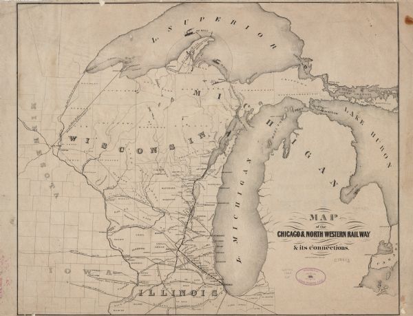 This map shows railroad and other transportation routes in Wisconsin, northern Illinois, the Upper Peninsula of Michigan, portions of Iowa, Minnesota, and Indiana. County boundaries, cities, towns, rivers, and lakes are labeled. Lake Michigan is on the right, with Lake Superior at the top. Railroad routes are highlighted by a solid black line.