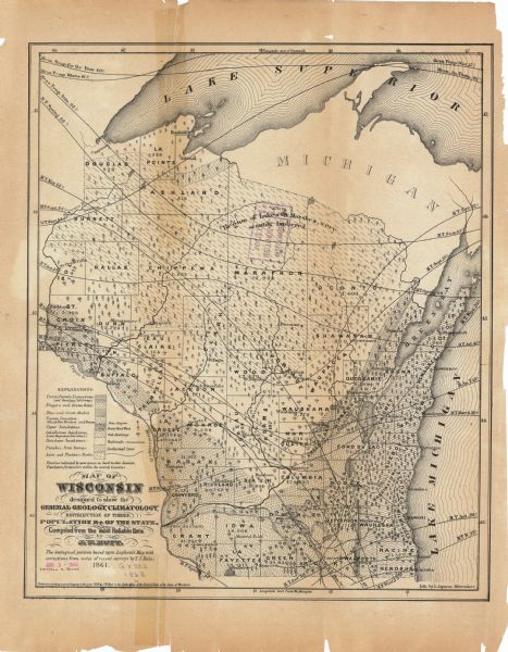 This map shows the population by county, the basic geology, climate, and the distribution of timber within the state of Wisconsin. It shows mean seasonal temperatures by iso bars. Includes labels for towns, lakes, and rivers. Lake Michigan is at the far right, with Lake Superior at the top. Located in the lower left margin is an explanation of the various labels. Original caption reads: "The geological portion based upon Lapham's map with corrections from notes of recent surveys by T.J. Hale."