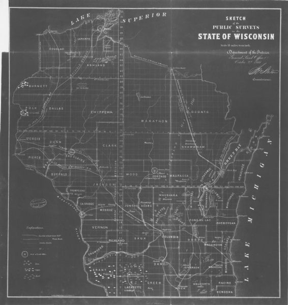 This map shows the location of county boundaries, cities, rivers, lakes, grant railroads, wagon roads, land office locations, iron, copper and lead deposits. Lake Michigan is seen on the far right side, Lake Superior is see at the top of the map. Includes a legion in the lower left corner.