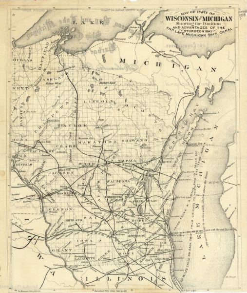 This map shows the advantages of the Sturgeon Bay and Lake Michigan Ship Canal, railroads, steamship lines across Lake Michigan, and Wisconsin township grid. Portions Of Michigan, Iowa and Illinois are visible. The back of the map shows the letterhead for Sturgeon Bay and Lake Michigan Ship Canal and Harbor Company. The original cation reads, "Richard Guenther State Treasurer, Madison Wis. Sir, Will you please inform me at your early convenience the amount of principal and interest received by your office on each of the sales of Sturgeon Bay Canal lands, made under Chapter 224 laws of 1876. and office? Very Respectfully your obdt servant, D.W Mcexon Land Leammipioner."