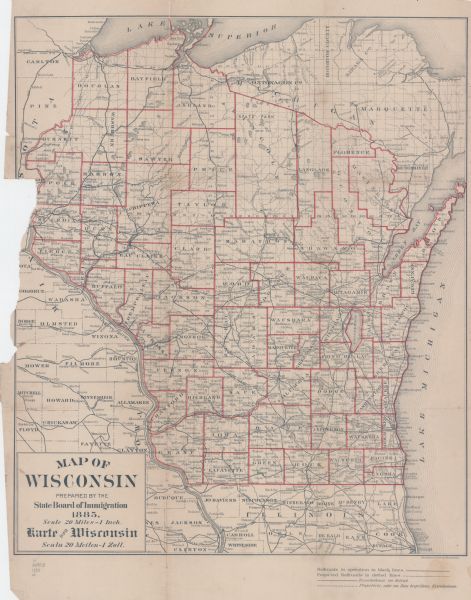 This map shows current and projected railroad lines. County boundaries in the state of Wisconsin are outlined in red. Included are portions of Iowa, Illinois, and Michigan. Lake Michigan is on the right, with Lake Superior at the top. While in English, additional titles, scale, and keys to railroads are in German. Towns, lakes, and rivers are also labeled.
