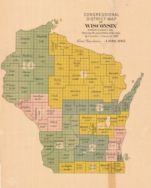 This map shows the congressional districts lines in accordance with the 1890 census. Districts are labeled by number and color. Original caption reads, "Showing the population of the state by counties--Census of 1890. Total population--1,686,880. Each count is labeled by name with total population listed below.