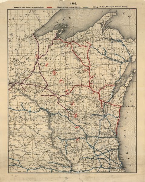 This map shows railroad routes. County boundaries, towns, rivers, lakes, Lake Michigan and Superior are also labeled. The upper margin includes a color legend for the Milwaukee, Lake Shore & Western Railway (RED), the Chicago & Northwestern Railway (BLUE), and the Chicago, St. Paul, Minneapolis & Omaha Railway(MAROON). Included are the Upper Peninsula of Michigan, and portions of Minnesota, Illinois, and Iowa.