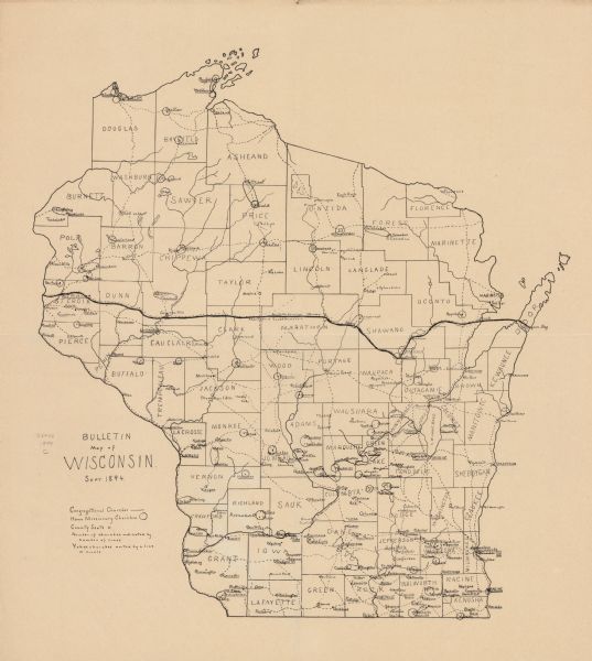 This map shows Congregational churches and Home Missionary churches. County boundaries and county seats are also labeled. The original caption reads, "Congregational Church (represented by straight line) ____, Home Missionary churches (indicated by a Large circle), County Seats ( indicated by a small circle), Number of churches indicated by number of lines. Yoked churches united by a line or circle."