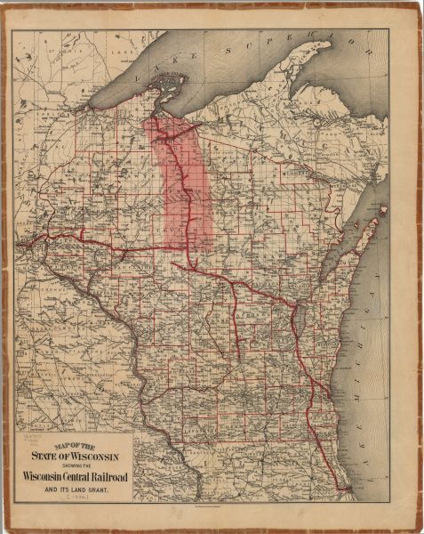 This map shows the railroad routes of the Wisconsin Central Railroad and its land grant. These are visibly marked in the color red. County boundaries are also outlined in red. Towns, cities, lakes, rivers, Lake Michigan and Lake Superior are labeled. Included are portions of Michigan, Illinois, Iowa and Minnesota.