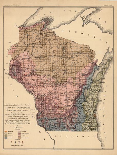 This map shows the location of quarries throughout the state. Original caption reads, "Geology taken from General Geological Map of Wisconsin by the First Geological Survey, T C. Chamberlin chief Geologist. Railroads and cities taken from the Railroad Map of Wisconsin issued by the Railroad Commissioner in 1896. By. E.R. Buckly." Cities, towns, lakes, rivers, and county boundaries are labeled. Included are portions of Michigan, Illinois, and Iowa. Lake Michigan is  on the far right, with Lake Superior at the top. Includes a legend, depicting various geologic periods and quarries locations by color.
